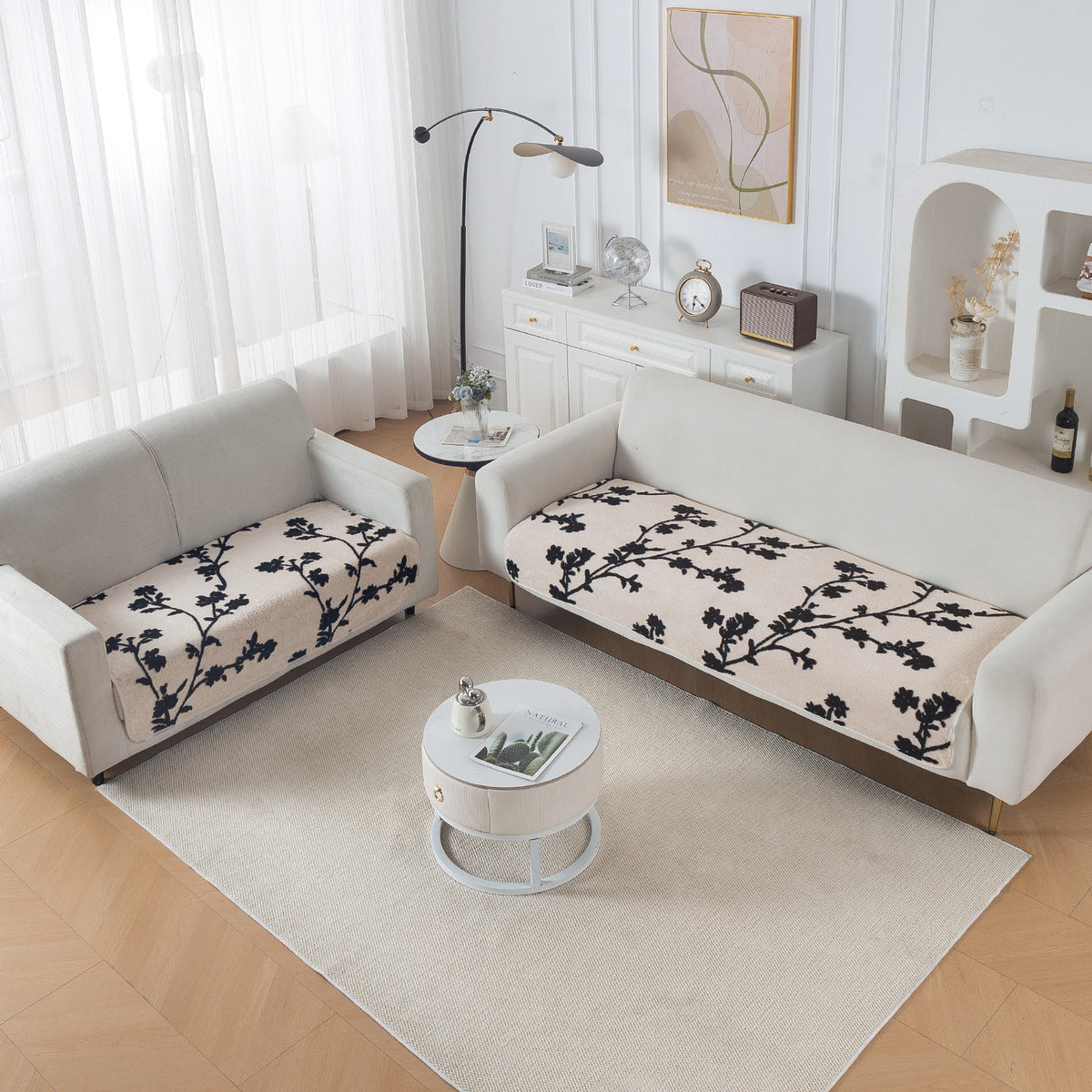Luxury Plush Sherpa Anti Slip Combination Sofa Mat, 'Noirea Series'|Botanical Vine