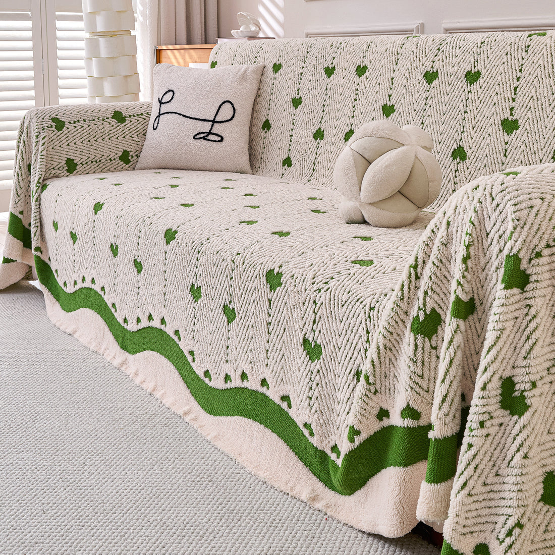 Buy Forest Cream Colour Cozy Heart Series Luxury Plush Sofa Throw | HOKIPO