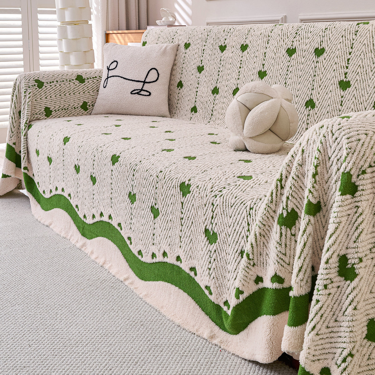 Buy Forest Cream Colour Cozy Heart Series Luxury Plush Sofa Throw | HOKIPO