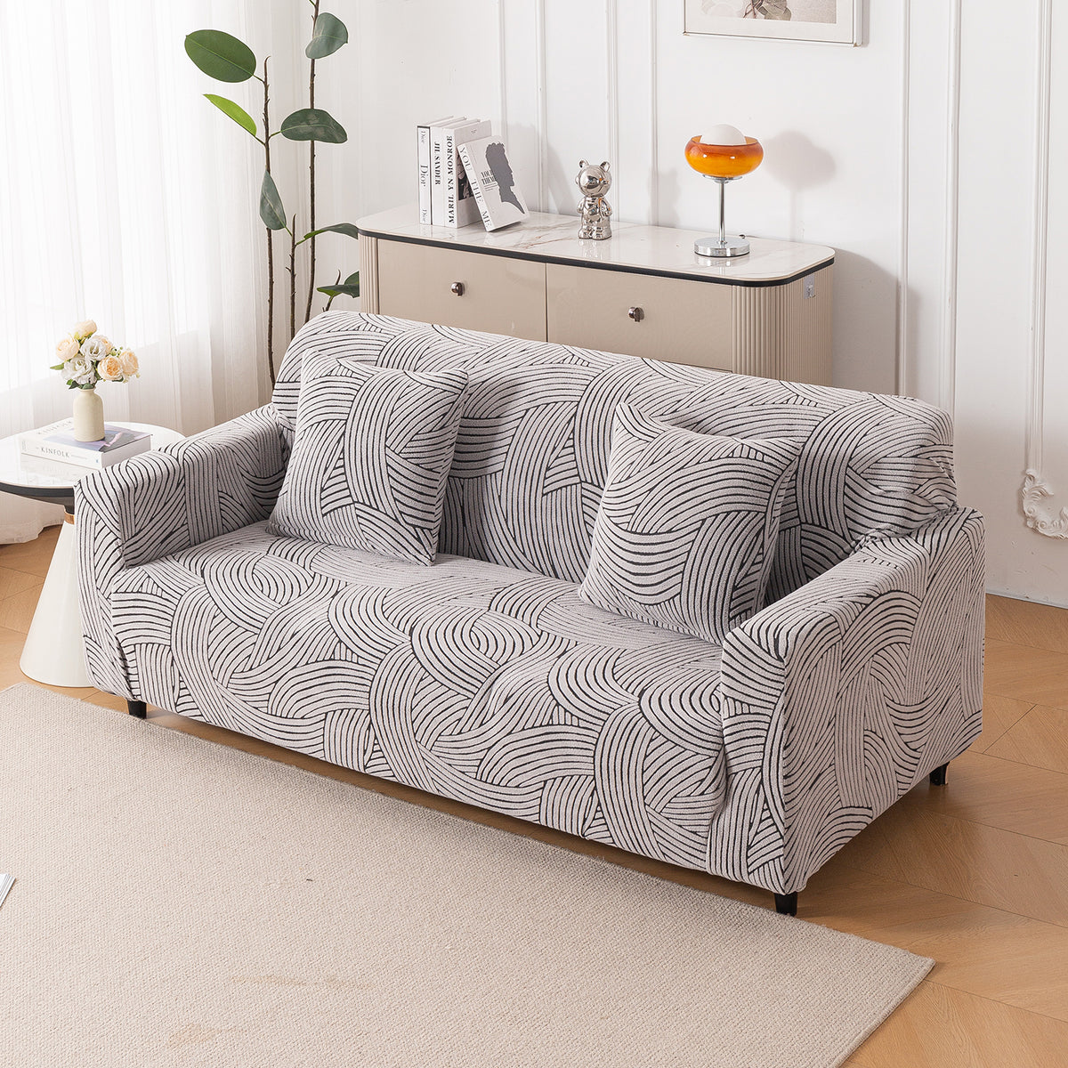 Buy ash grey colour waveline series jacquard sofa cover - 3 seater