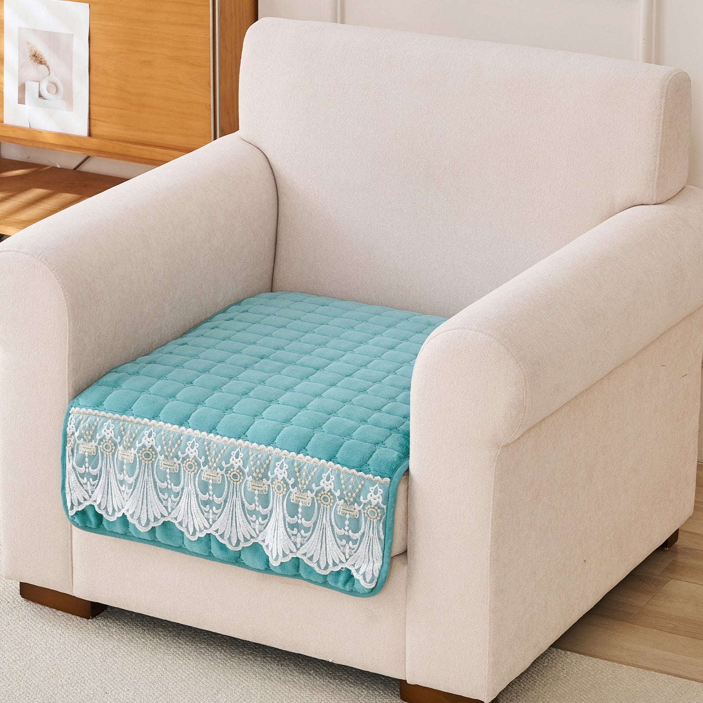 BelleLace Series Imperial Milk Velvet Sofa Cover Mat with Lace Design - Teal