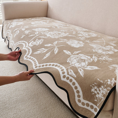 Chenille Sofa Cover Mat with Curvy Edges, 'Retro Curves Series' Sofa Mat, Sand Beige