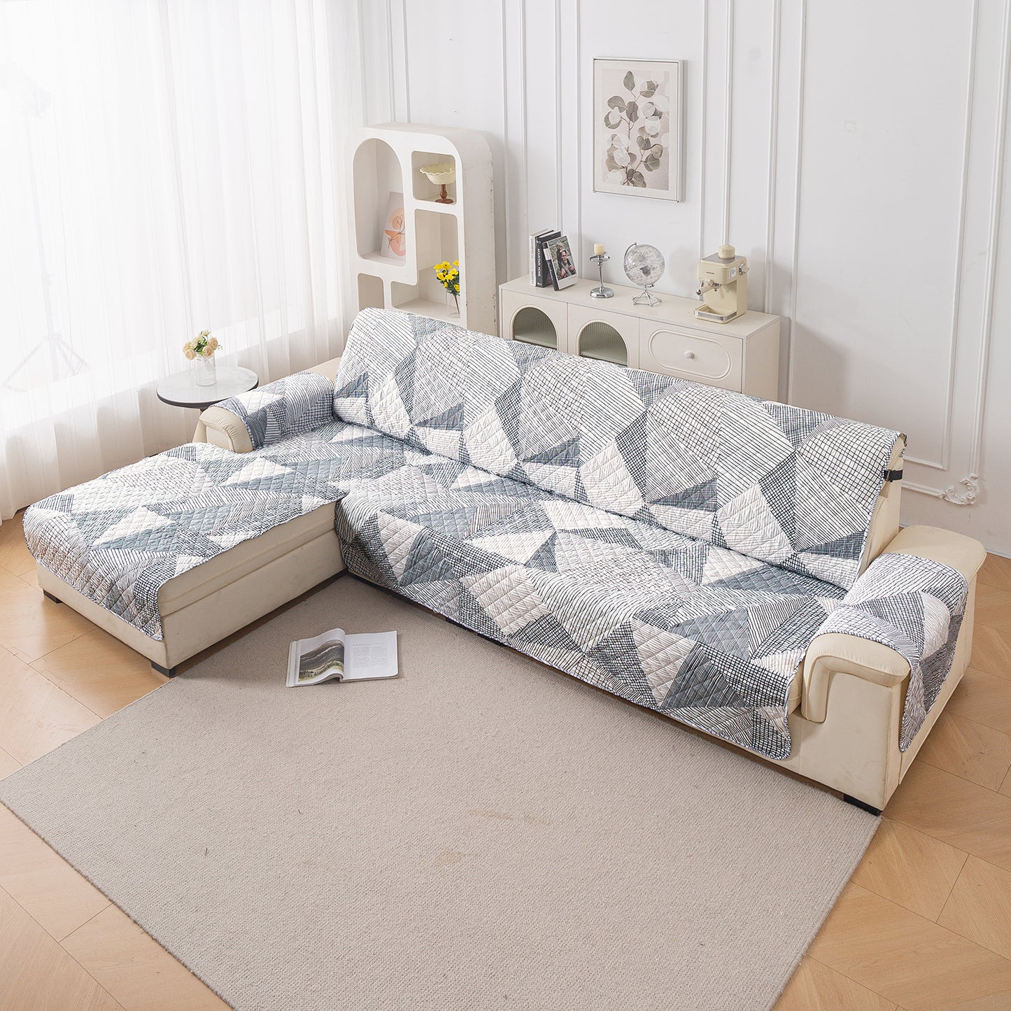 Elira Series Quilted One-Piece L Shape Sofa Cover Mat with Left and Right Chaise, Snow White Black Geometry