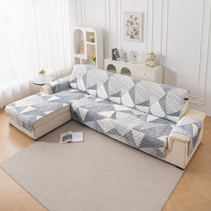 Elira Series Quilted One-Piece L Shape Sofa Cover Mat with Left and Right Chaise, Snow White Black Geometry
