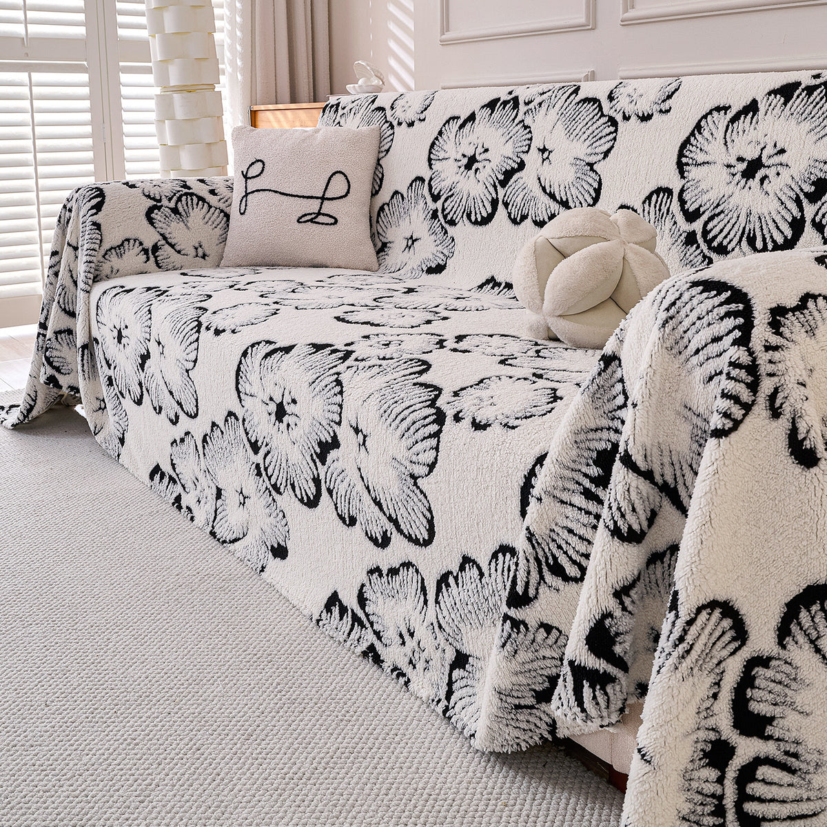 Buy Stylish Ivory Blossom Colour Camellia Blossom Luxury Plush Sofa Cover – 3 Seater Sofa | HOKIPO