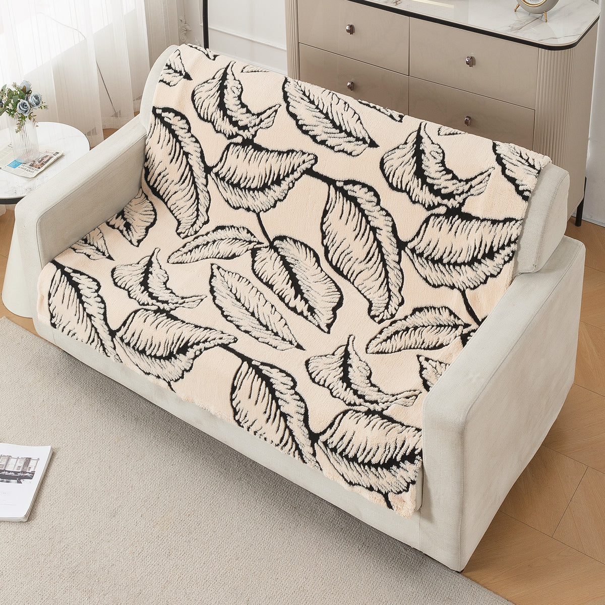 'Noirea Series' Plush Sofa Cover for Seat & Back, Botanical Leaf