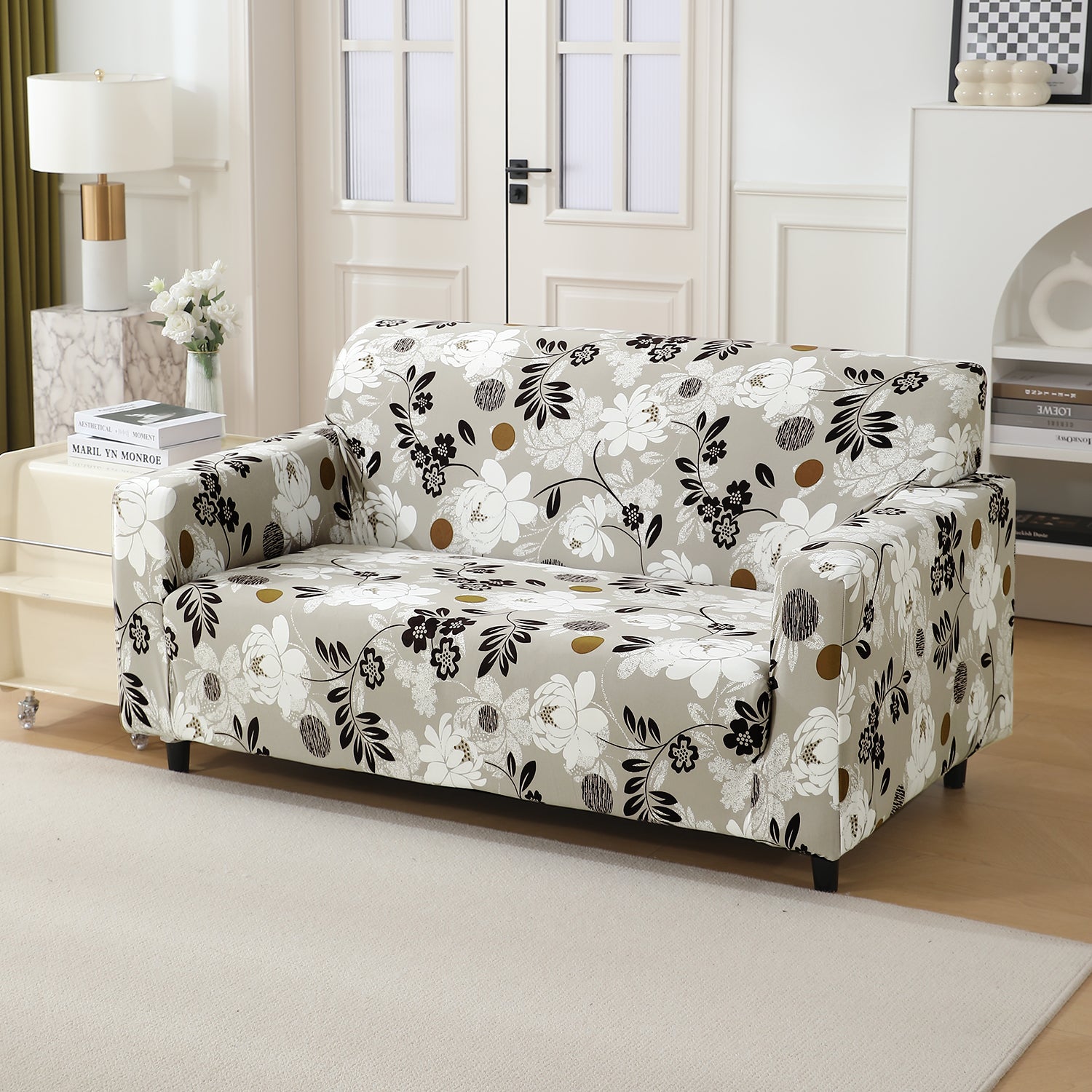 Feather Brown Floral Colour stretchable two seater sofa cover