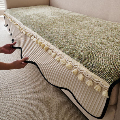 Thick Woven Weave Chenille Sofa Cover with Tassel|'Wavy Royale Series' Sage Green