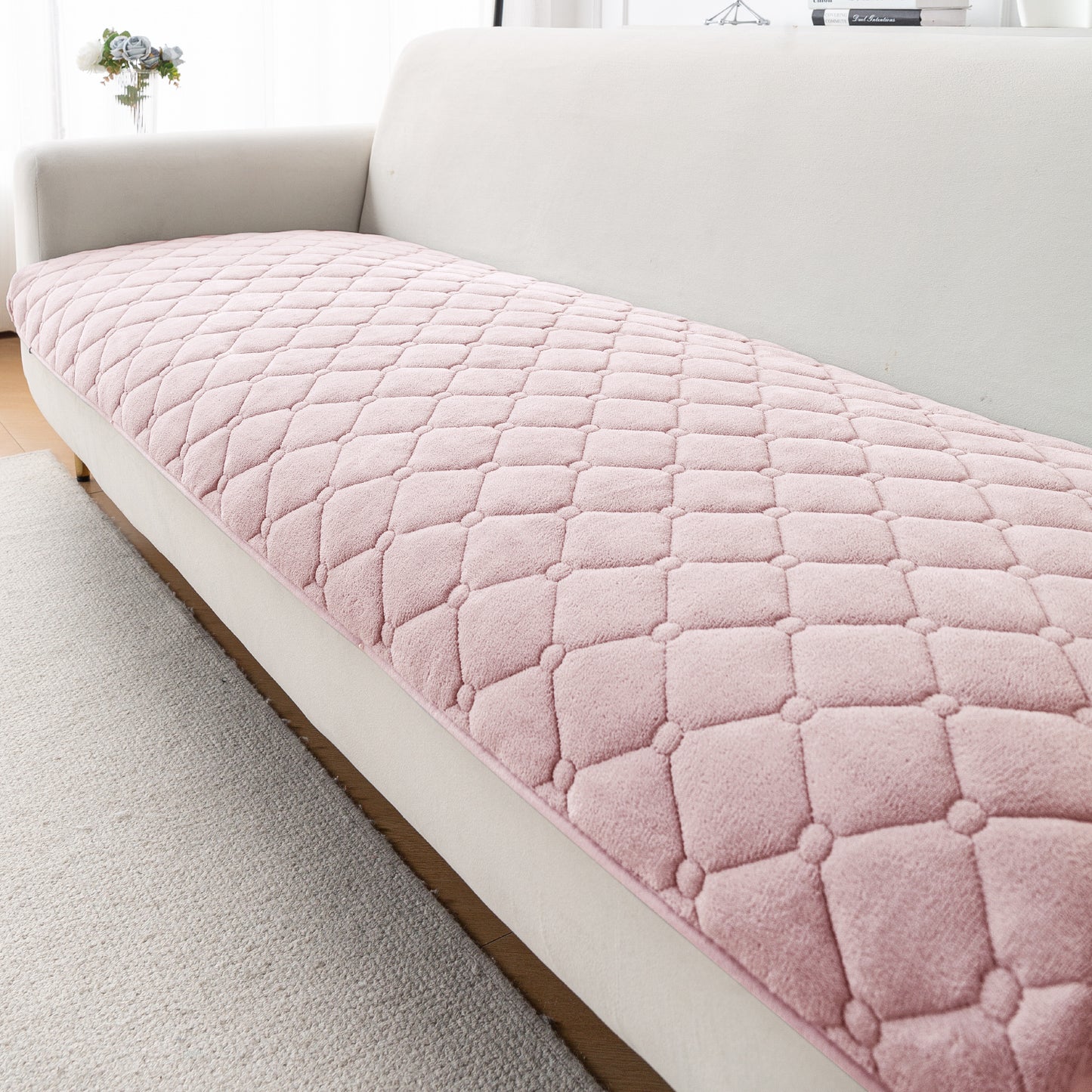Diamond Tuft Plush Sofa Cover Mat, Blush Pink