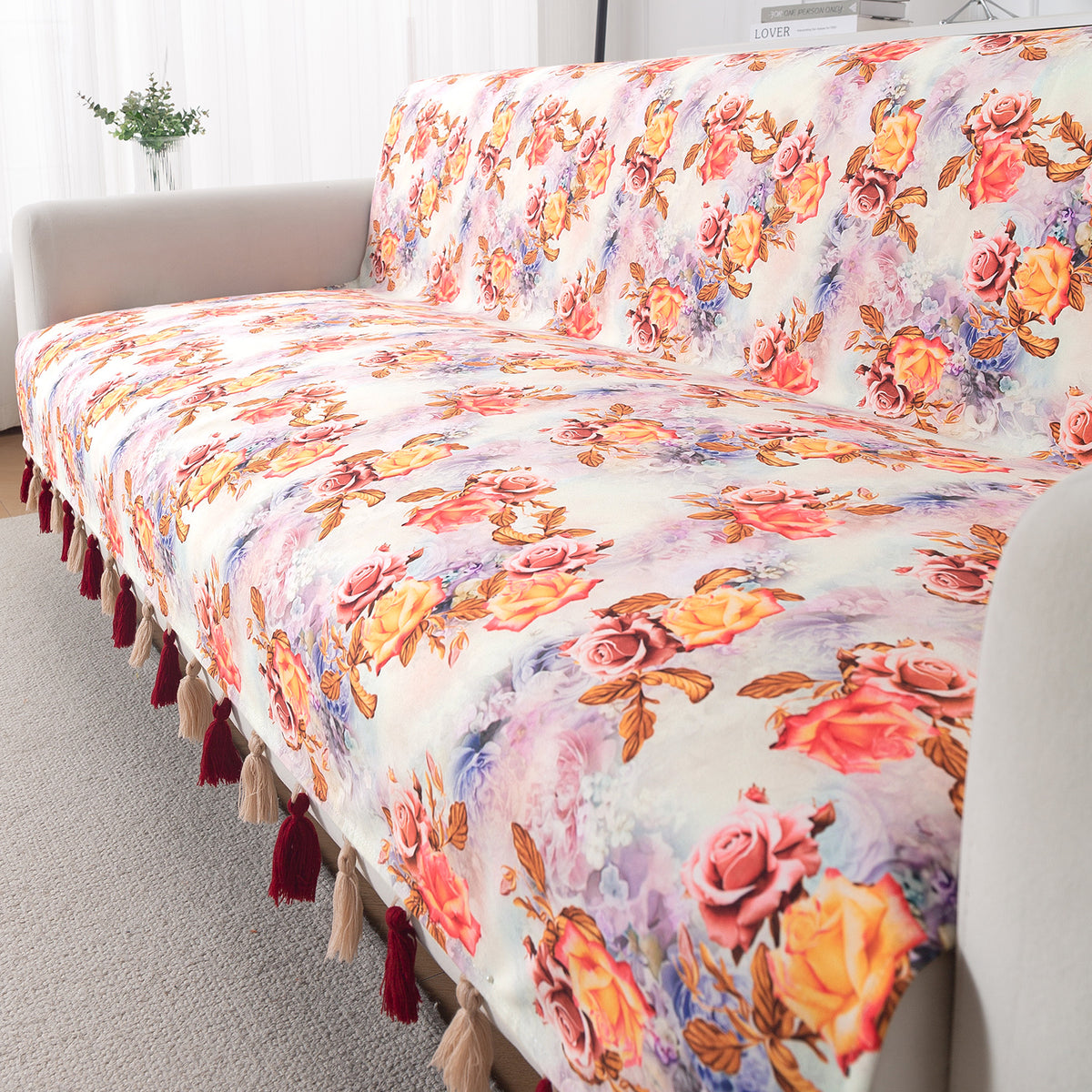 'Whispers of Nature' Series Holland Velvet Sofa Cover with Tassel, Vintage Rose Bloom