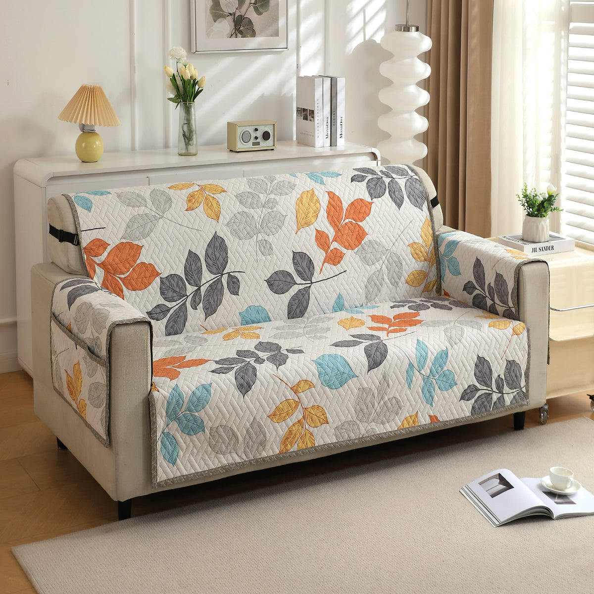Multicolor Leaves Printed three seater quilted sofa cover