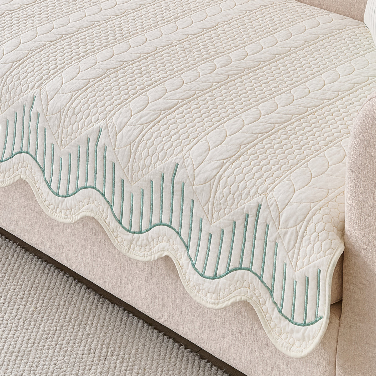 Cotton Reverie with a Curved Wavy Edge Sofa Mat, Greenish Cream