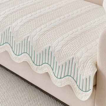 Cotton Reverie with a Curved Wavy Edge Sofa Mat, Greenish Cream