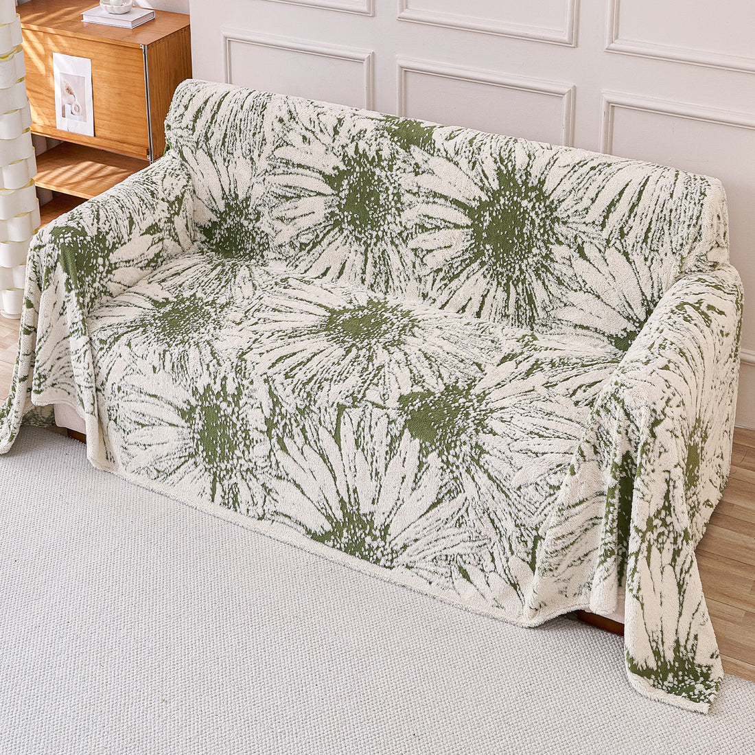 Buy Moss Green Colour DaisyBloom Series Luxury Plush Sofa Throw for Complete Sofa | HOKIPO