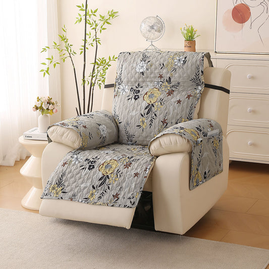 Quilted Printed Recliner Mats for 1 Seater Recliner Sofa, Floral Ash Grey