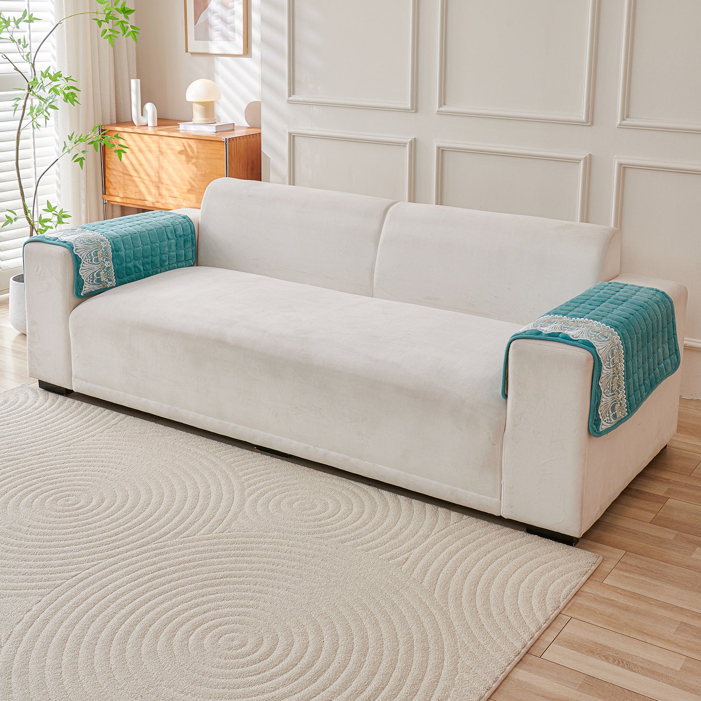 BelleLace Series Imperial Milk Velvet Sofa Cover Mat with Lace Design - Teal