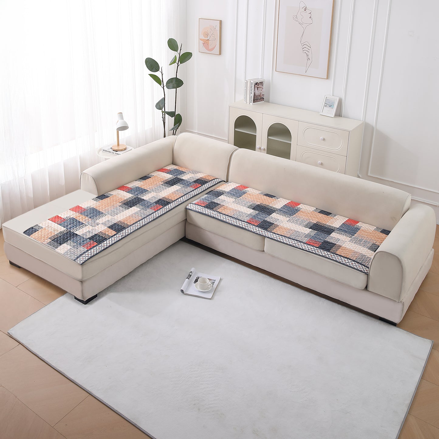 LiefNest Printed Holland Velvet L Shape Sofa Seat Mat with Foam Filling - Urban Grid Multicolor