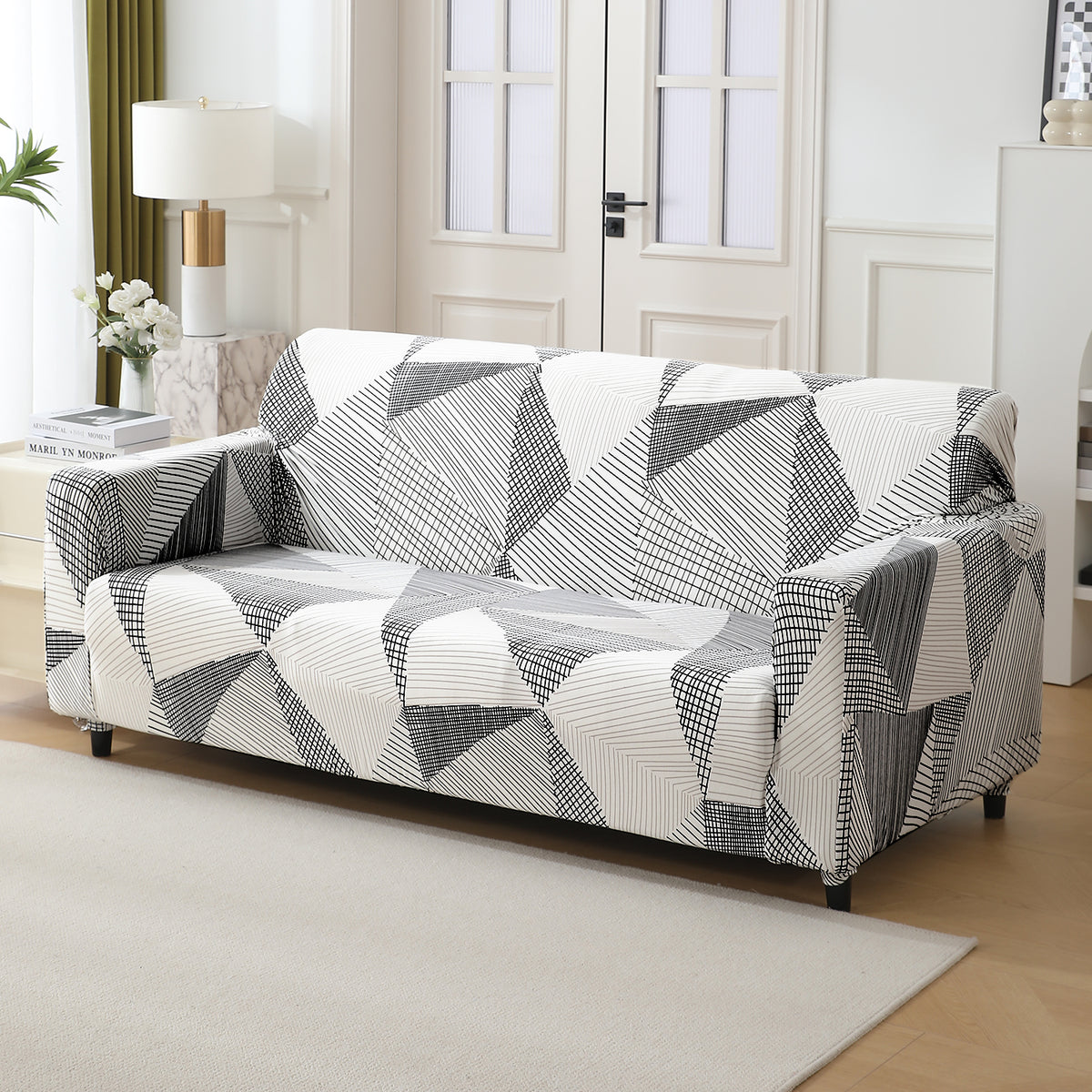 Snow White Black Geometry print fabric elastic 3 seater sofa cover​s
