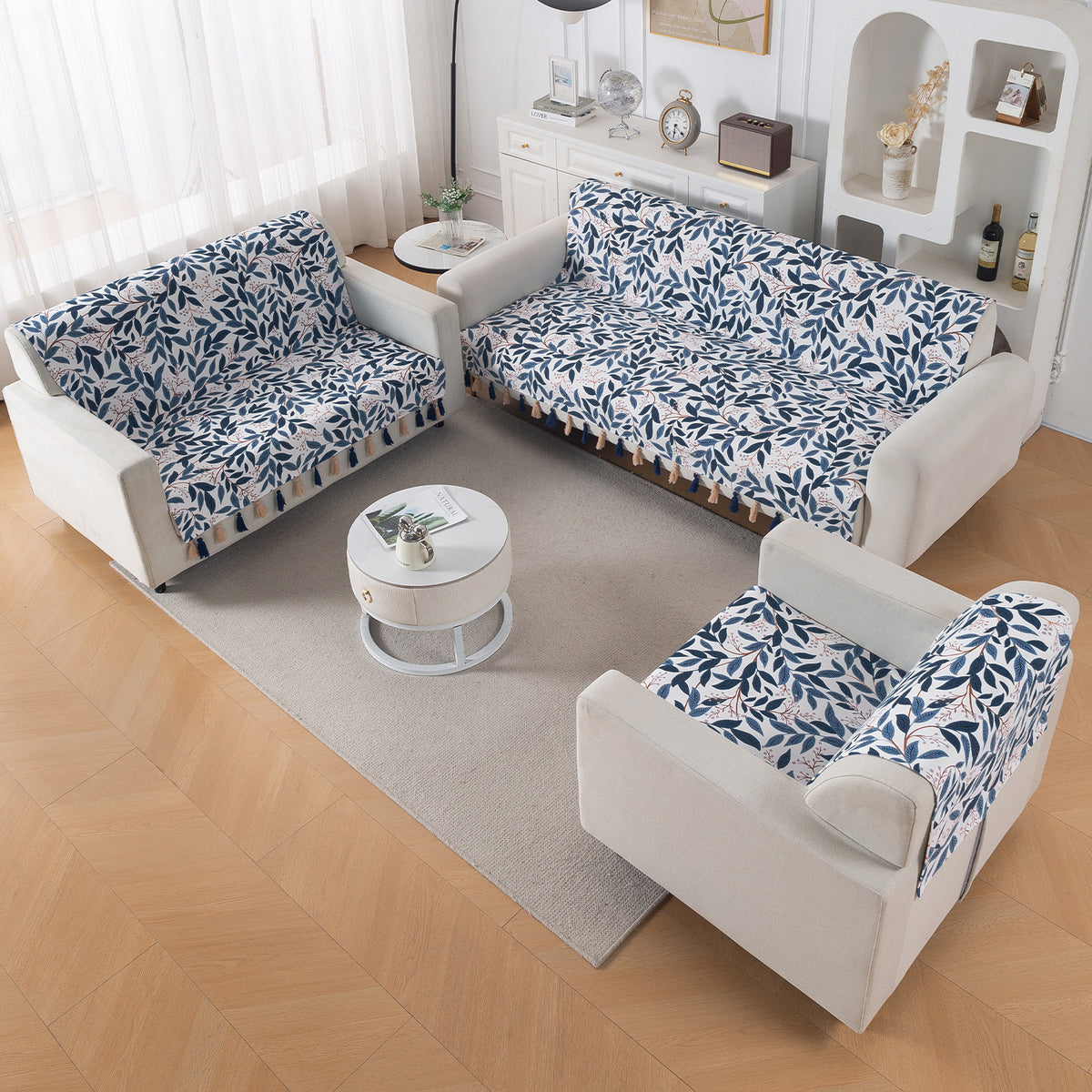 'Whispers of Nature' Series Holland Velvet Sofa Cover with Tassel, Indigo Foliage