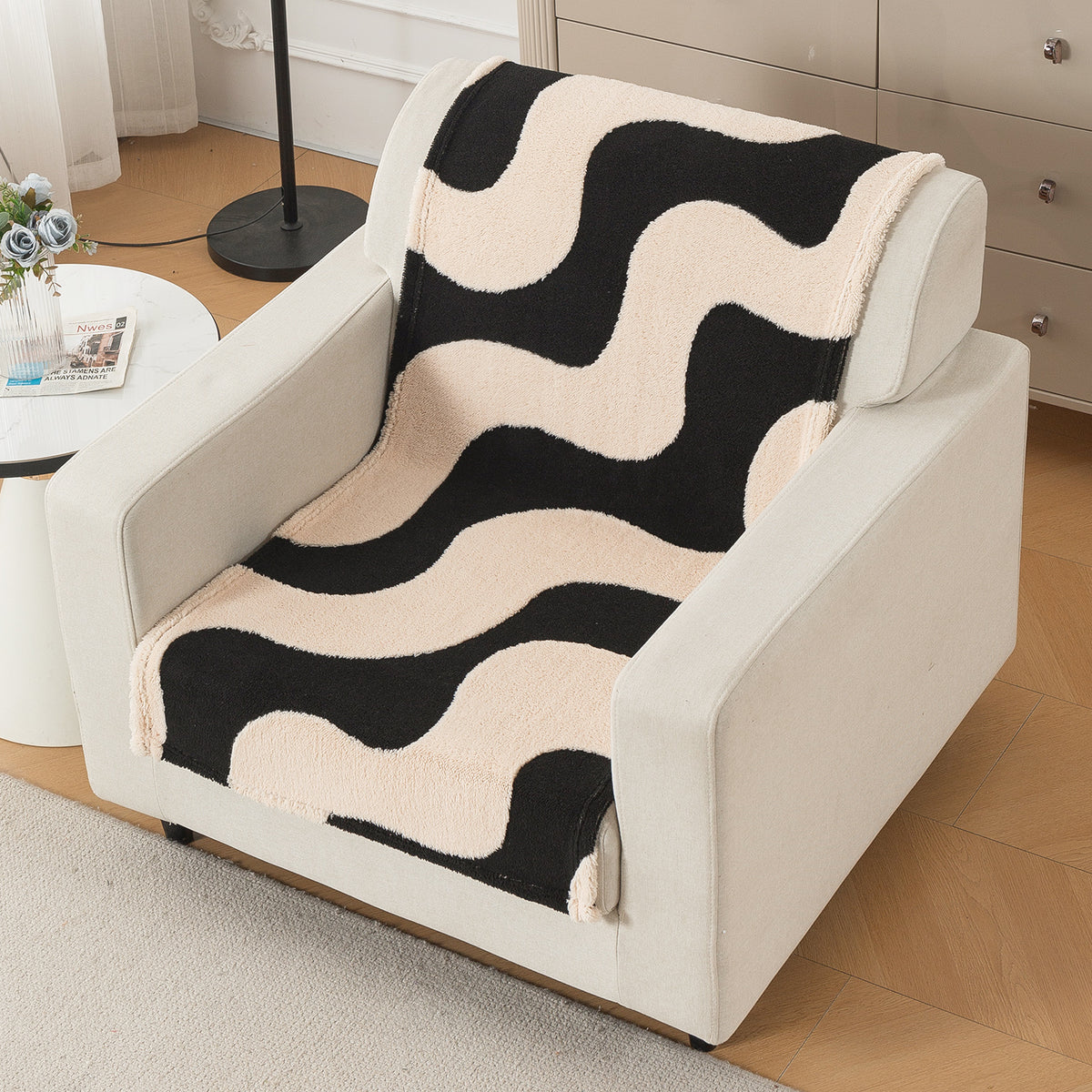 'Noirea Series' Plush Sofa Cover for Seat & Back, Wavy Stripe