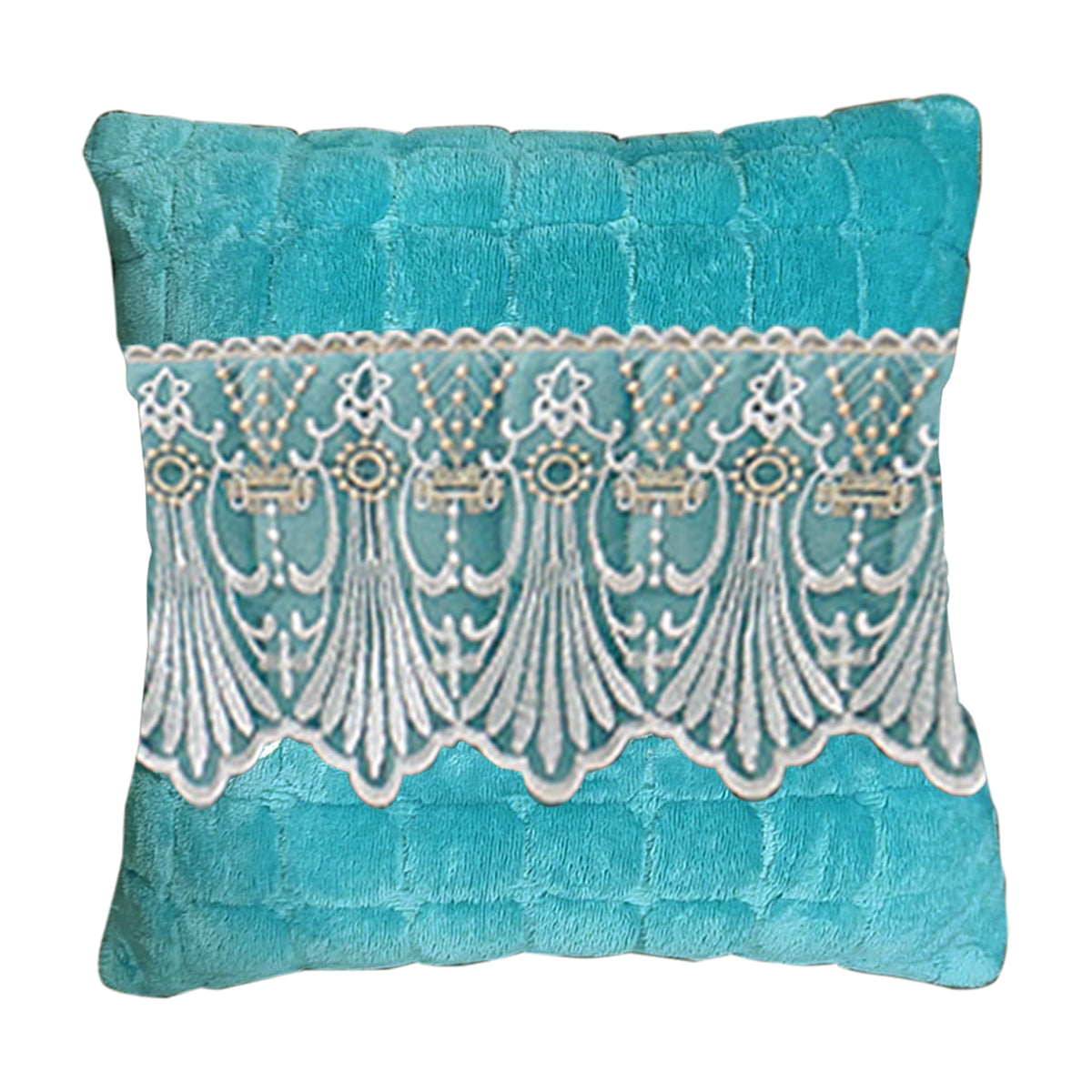 Premium Milk Velvet Sofa Cushion Cover with Lace Design, Teal