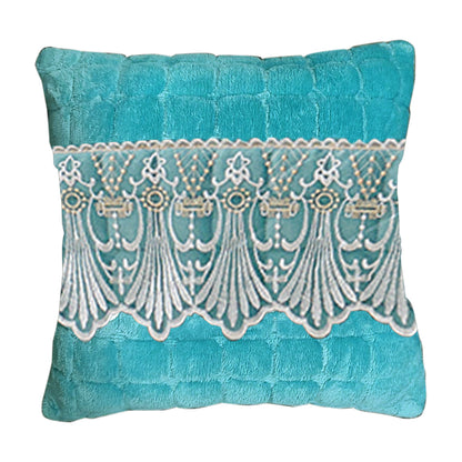 Premium Milk Velvet Sofa Cushion Cover with Lace Design, Teal