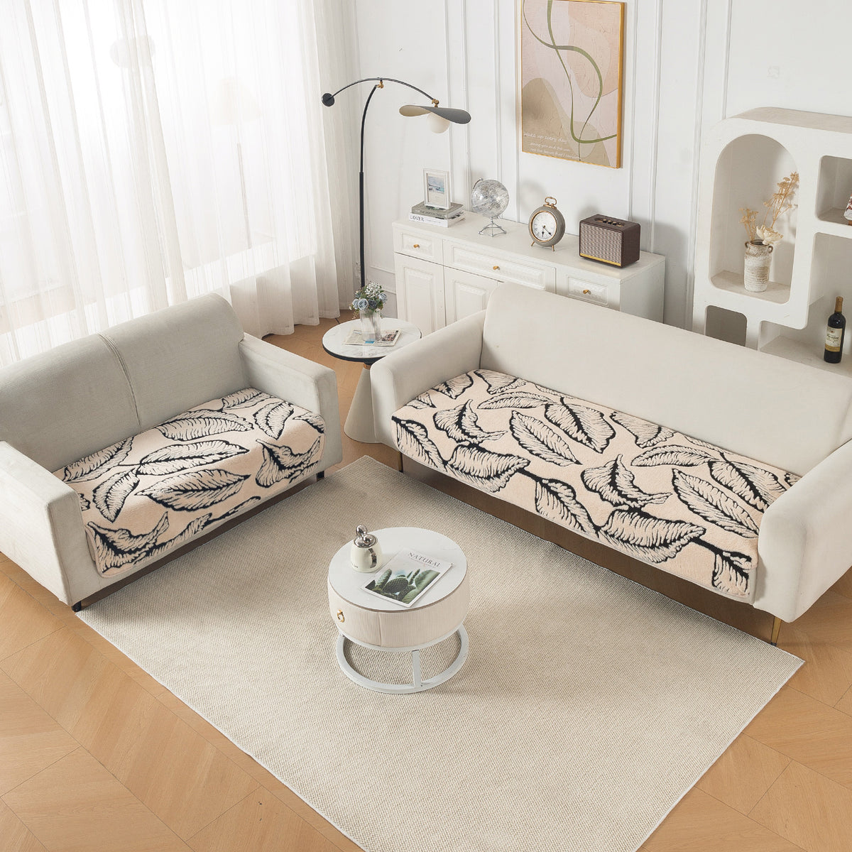 Luxury Plush Sherpa Anti Slip Combination Sofa Mat, 'Noirea Series'|Botanical Leaf