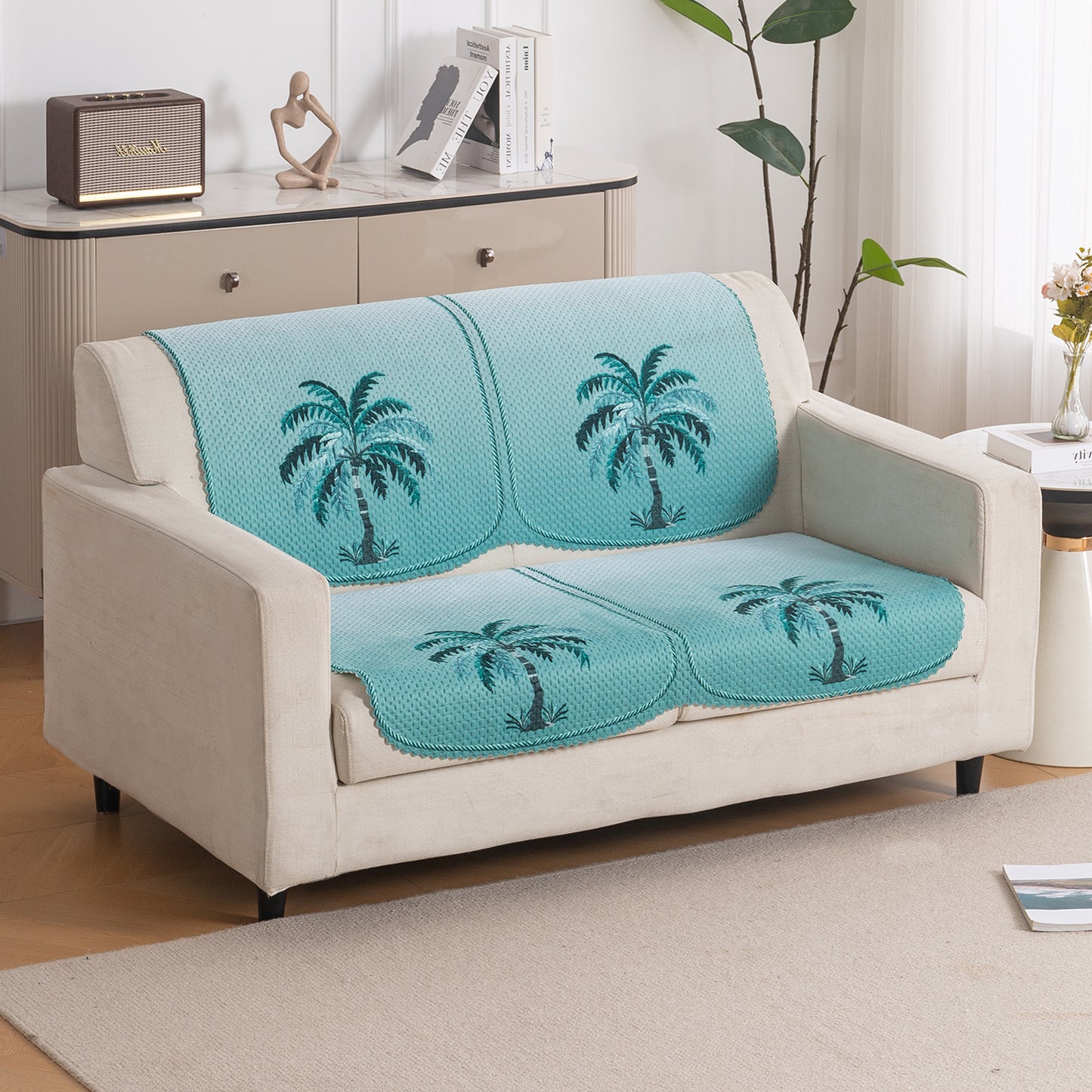 HeavenHue Fleece Soft Touch Quilted Sofa Cover Set Washable Sofa Panel for Seat & Back - Island Breeze