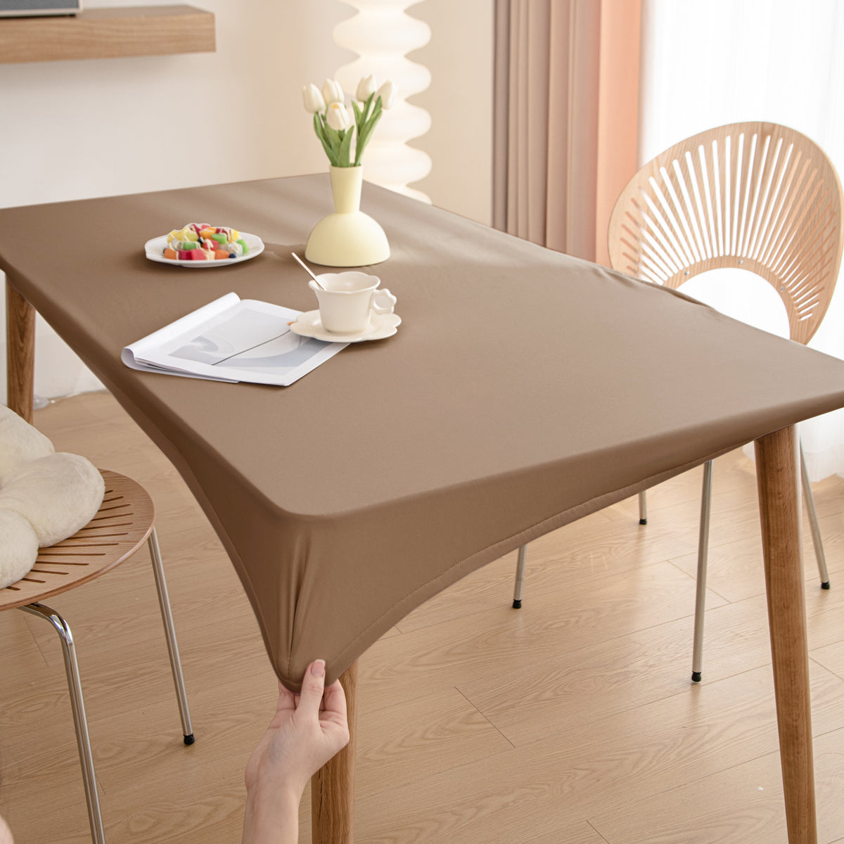 HOKIPO 100% Waterproof Non-Slip Stretch Table Cover, Light Brown