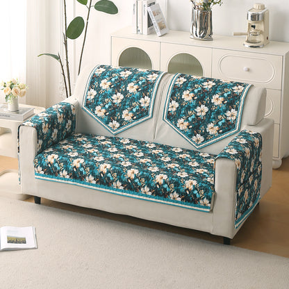 Florentina Series Printed Holland Velvet Sofa Mat - Pansies Teal