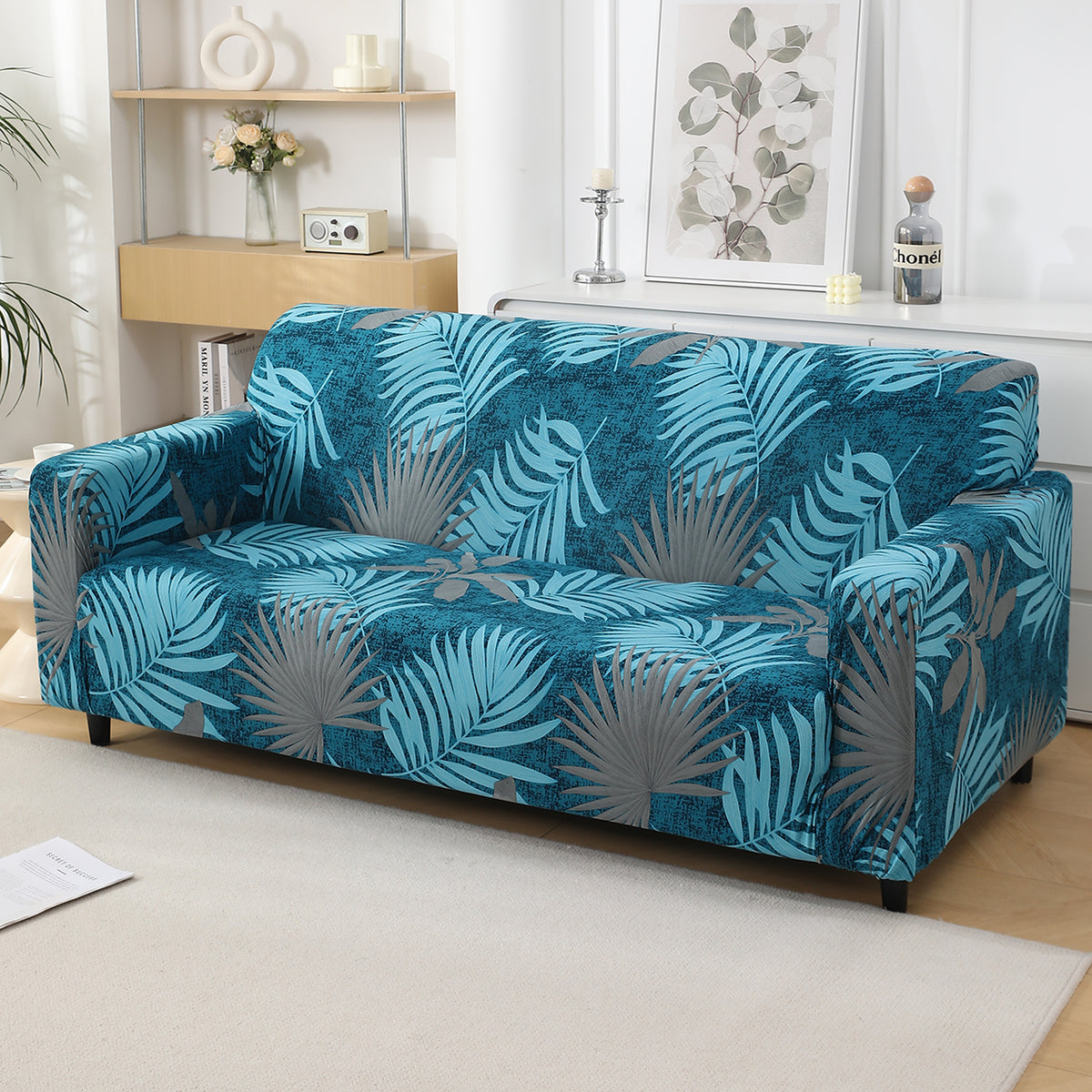 Sea Blue Tropical Leaves Printed non slip elastic 3 seater sofa cover