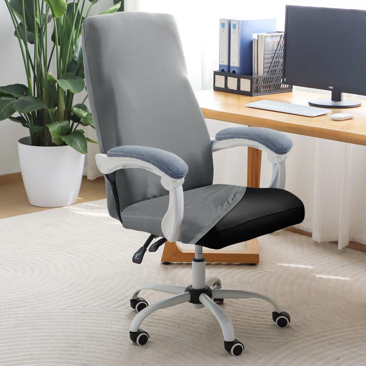Office Chair Cover for Executive Chair (High-Back) – 140 GSM Stretchable Fabric – Washable & Anti-Slip – Fits Big & Tall Office Chairs, Smoke Grey