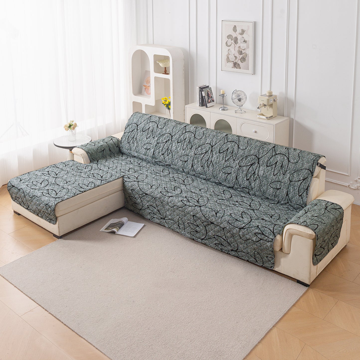 Elira Series Quilted One-Piece L Shape Sofa Cover Mat with Left and Right Chaise, Intense Grey Abstract Floral
