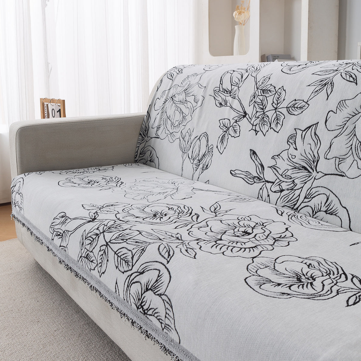 Premium 320 GSM Chenille Sofa Cover 'Serene Abode Series', White Rose Garden
