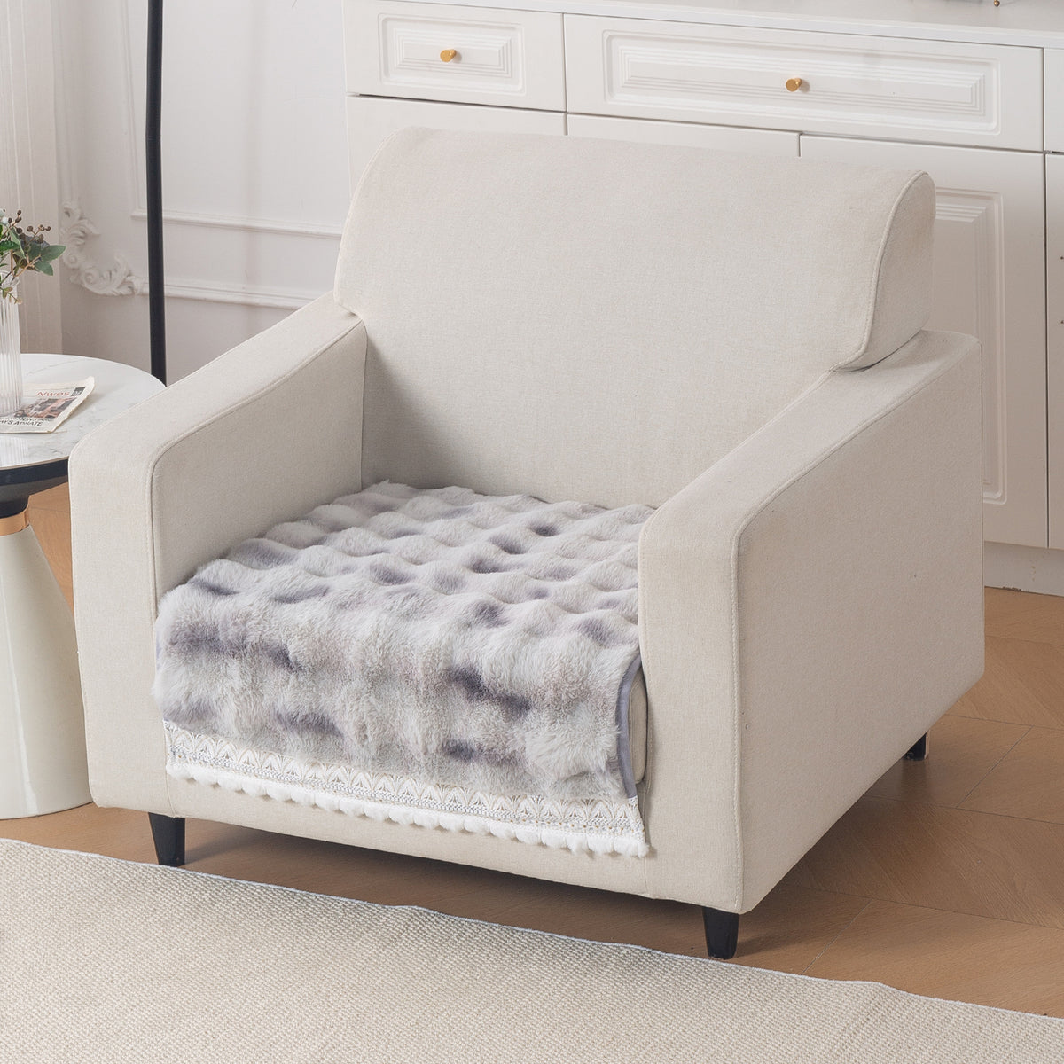 Faux Rabbit Fur Sofa Cover with Lace |Gradient Rabbit Plush, Grey