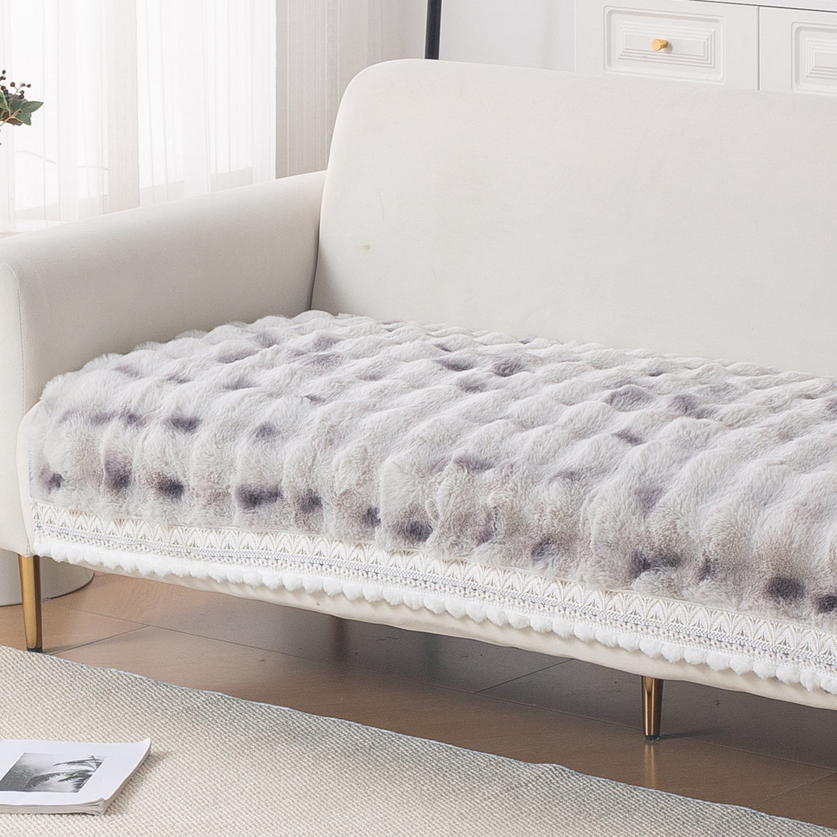Faux Rabbit Fur Sofa Cover with Lace |Gradient Rabbit Plush, Grey