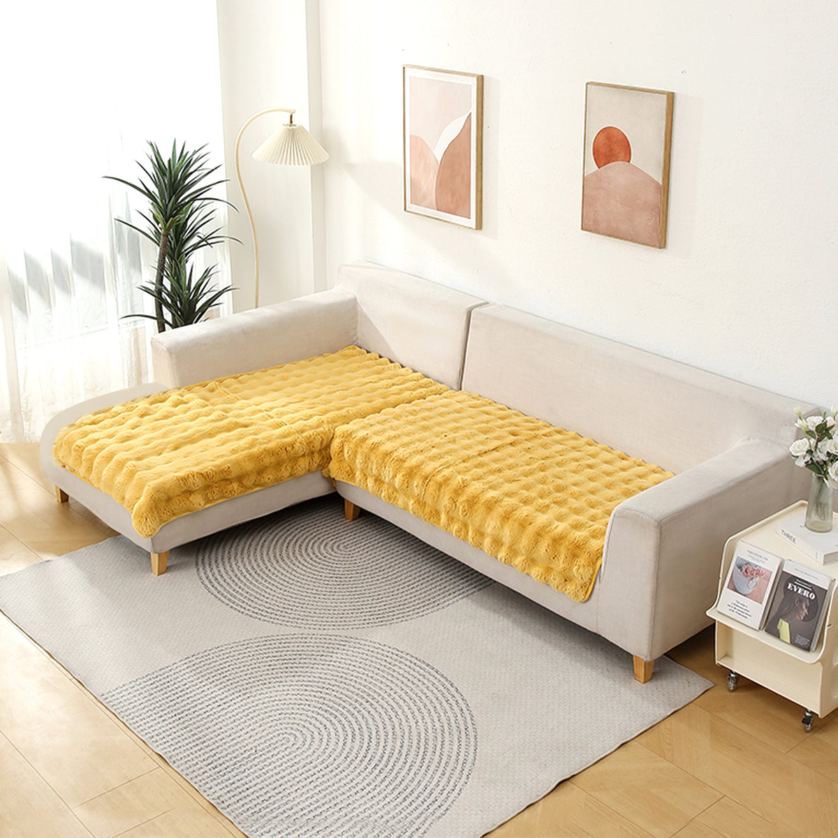 Premium Faux Rabbit Fur Sofa Mat for L Shape Sofa (3+2 Seater), Honey Yellow