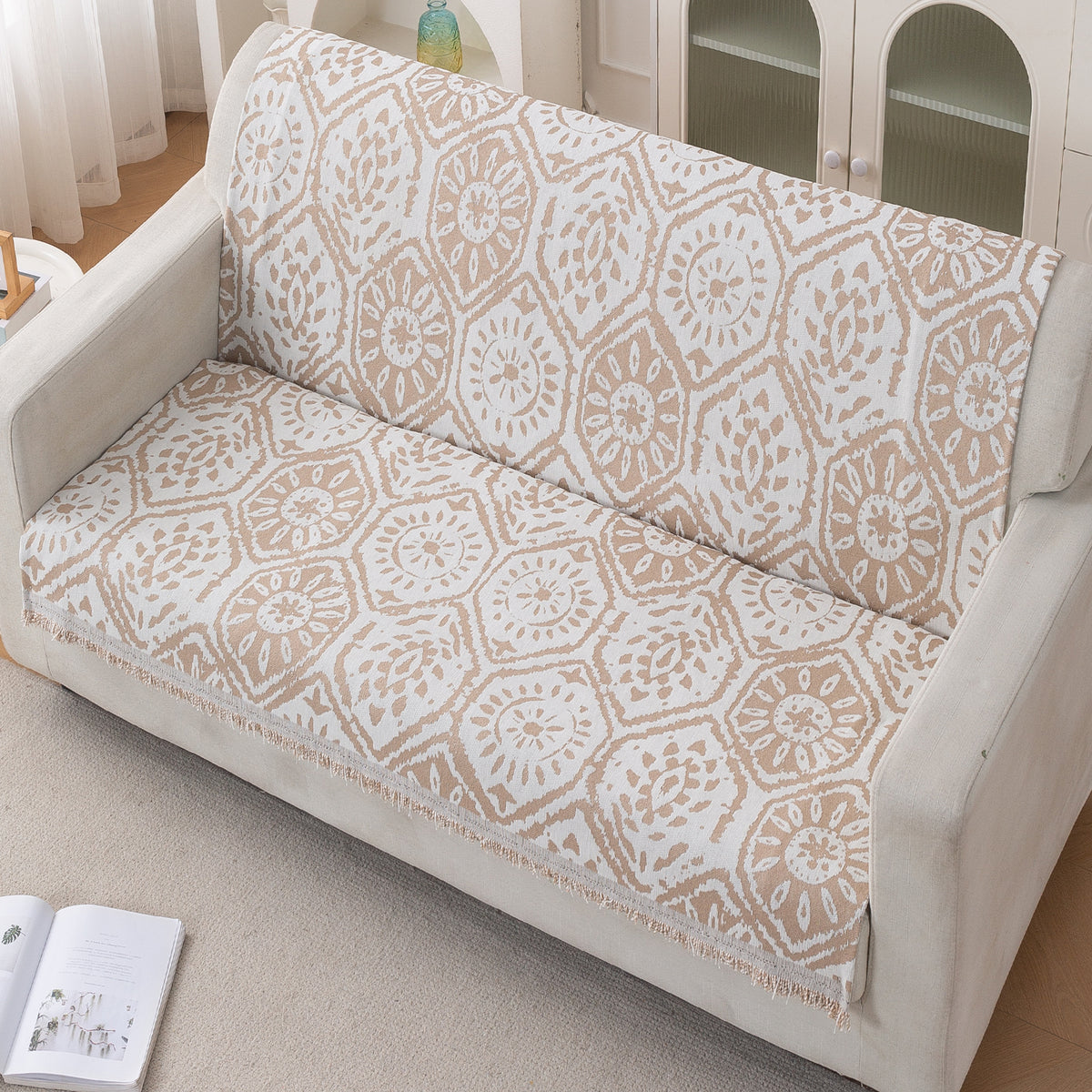 Premium 320 GSM Chenille Sofa Cover 'Serene Abode Series', Boho Floral Tile