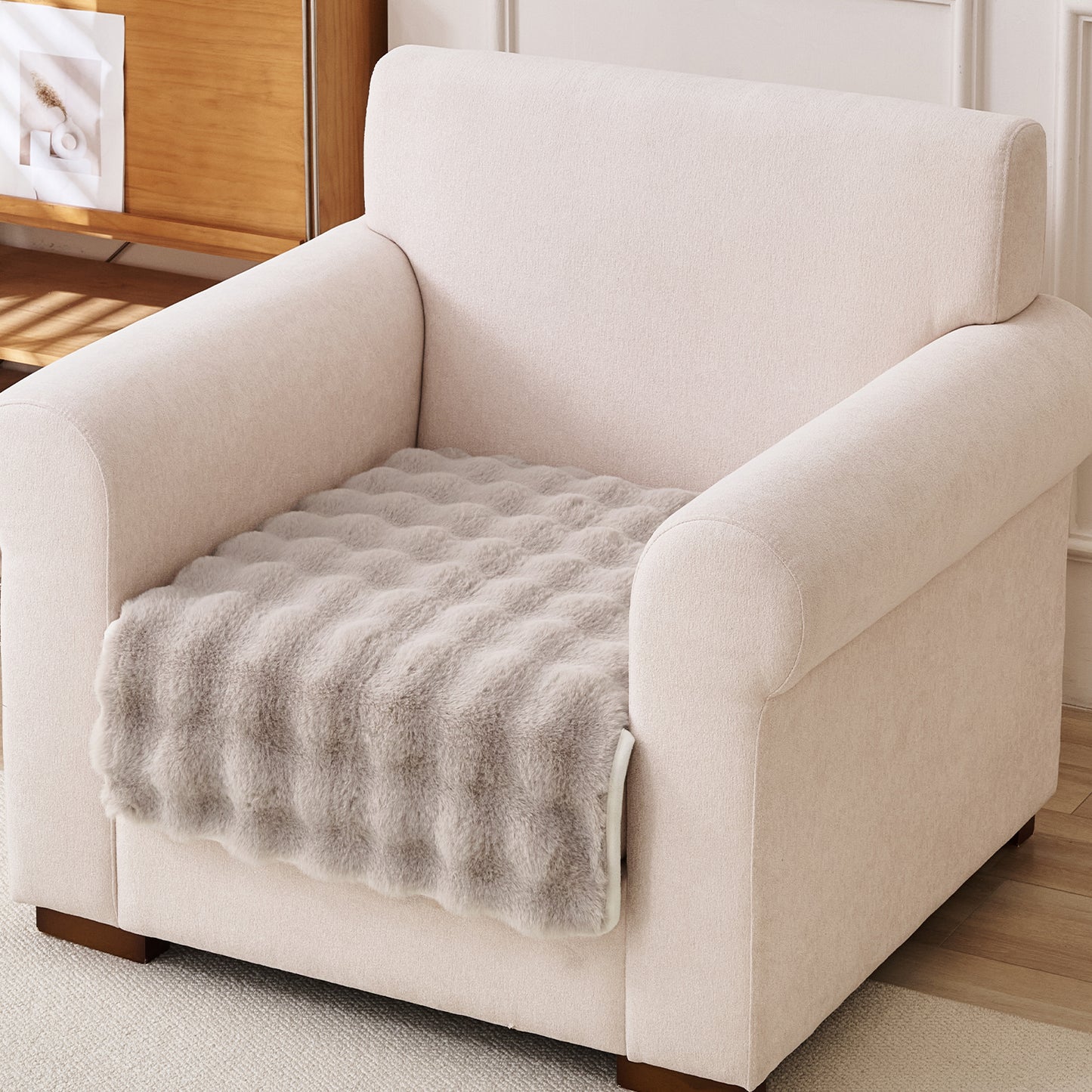 'FurHug' Premium Faux Rabbit Fur Sofa Seat Mats, Latte Brown