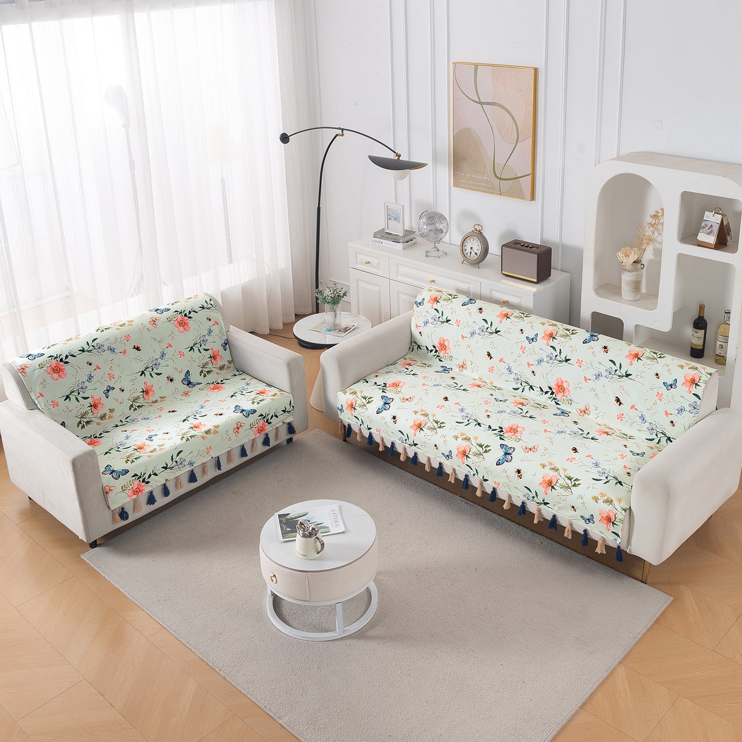 'Whispers of Nature' Series Holland Velvet Sofa Cover with Tassel, Pastel Butterfly Meadow