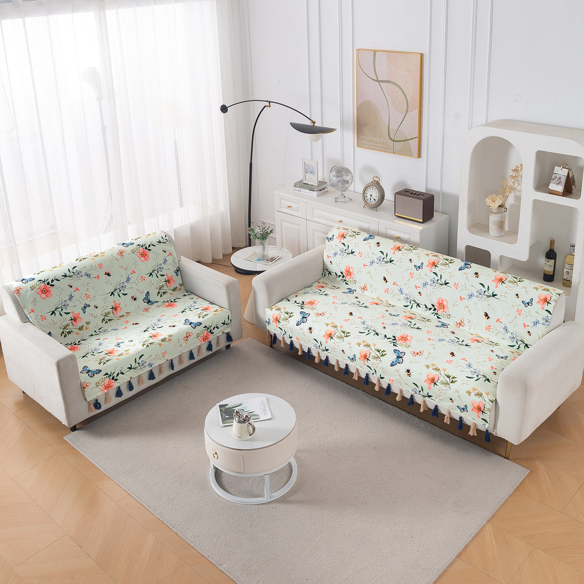 'Whispers of Nature' Series Holland Velvet Sofa Cover with Tassel, Pastel Butterfly Meadow