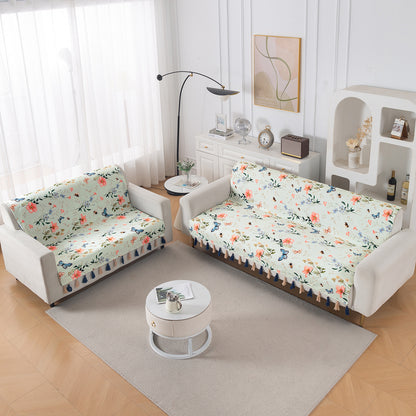 'Whispers of Nature' Series Holland Velvet Sofa Cover with Tassel, Pastel Butterfly Meadow