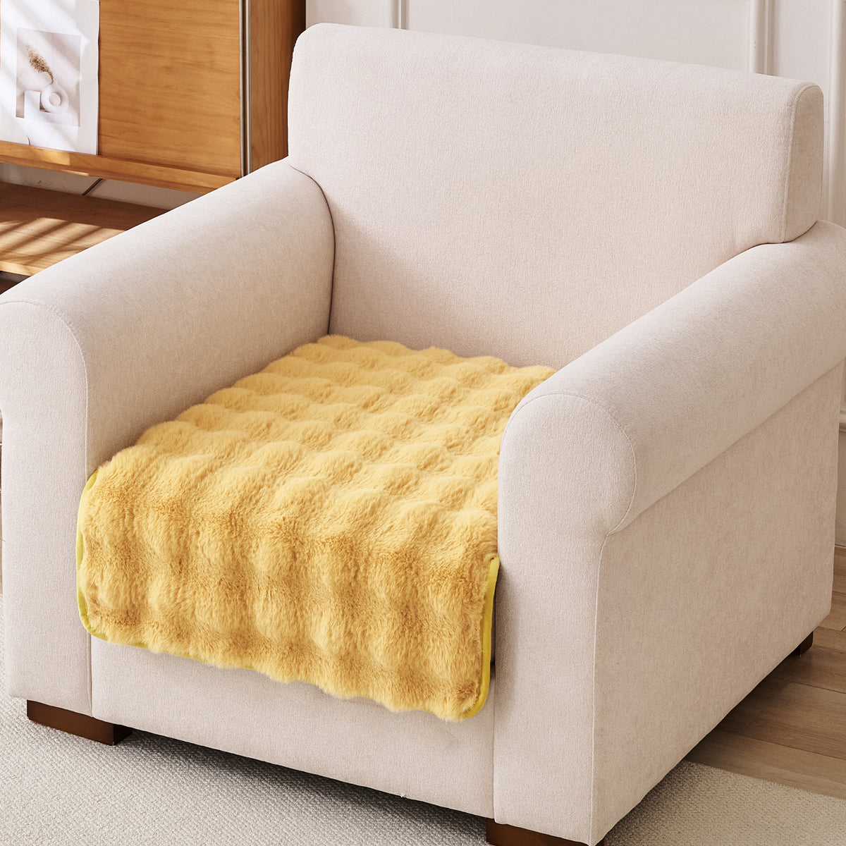 'FurHug' Premium Faux Rabbit Fur Sofa Seat Mats, Honey Yellow