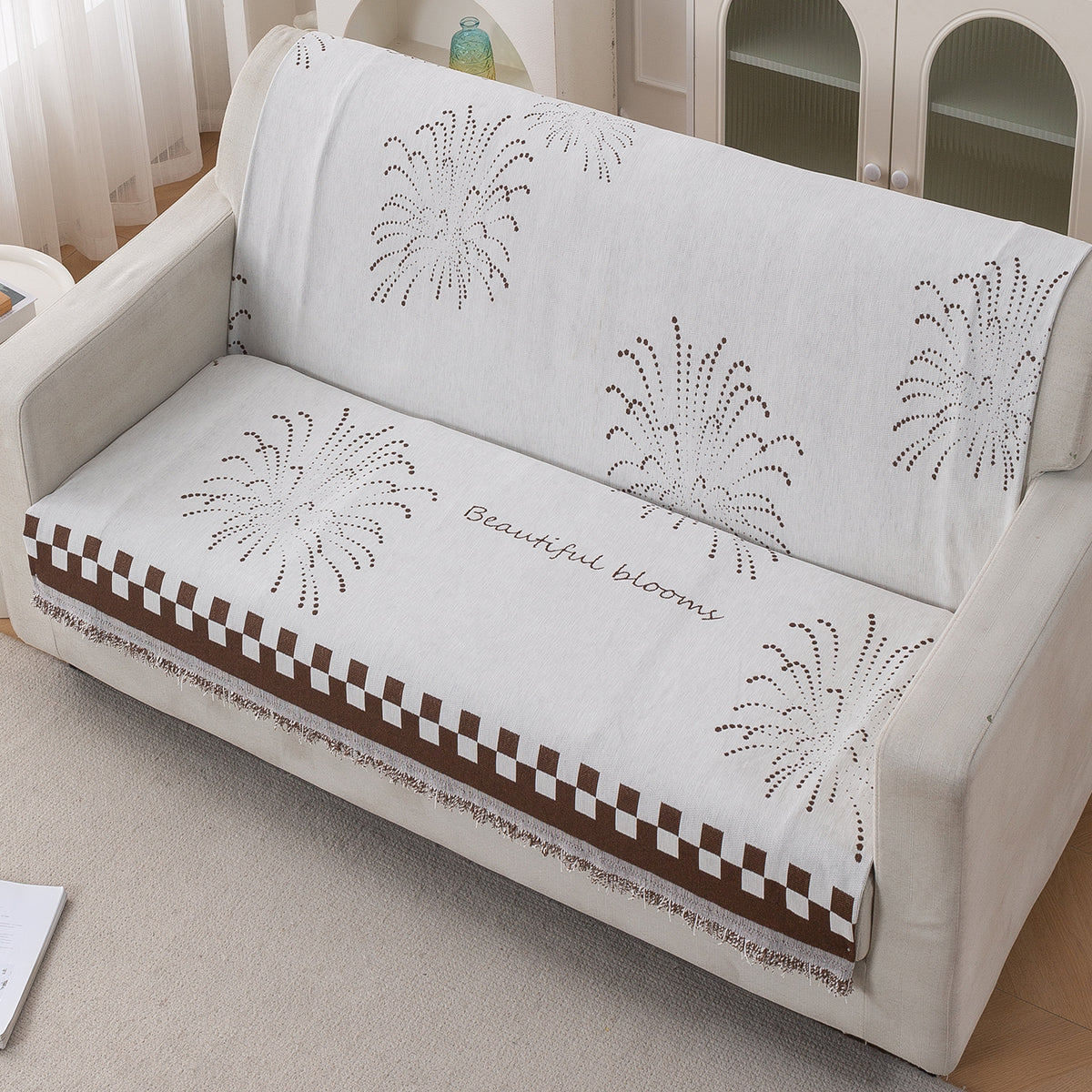 Premium 320 GSM Chenille Sofa Cover 'Serene Abode Series', Brown Dot Burst
