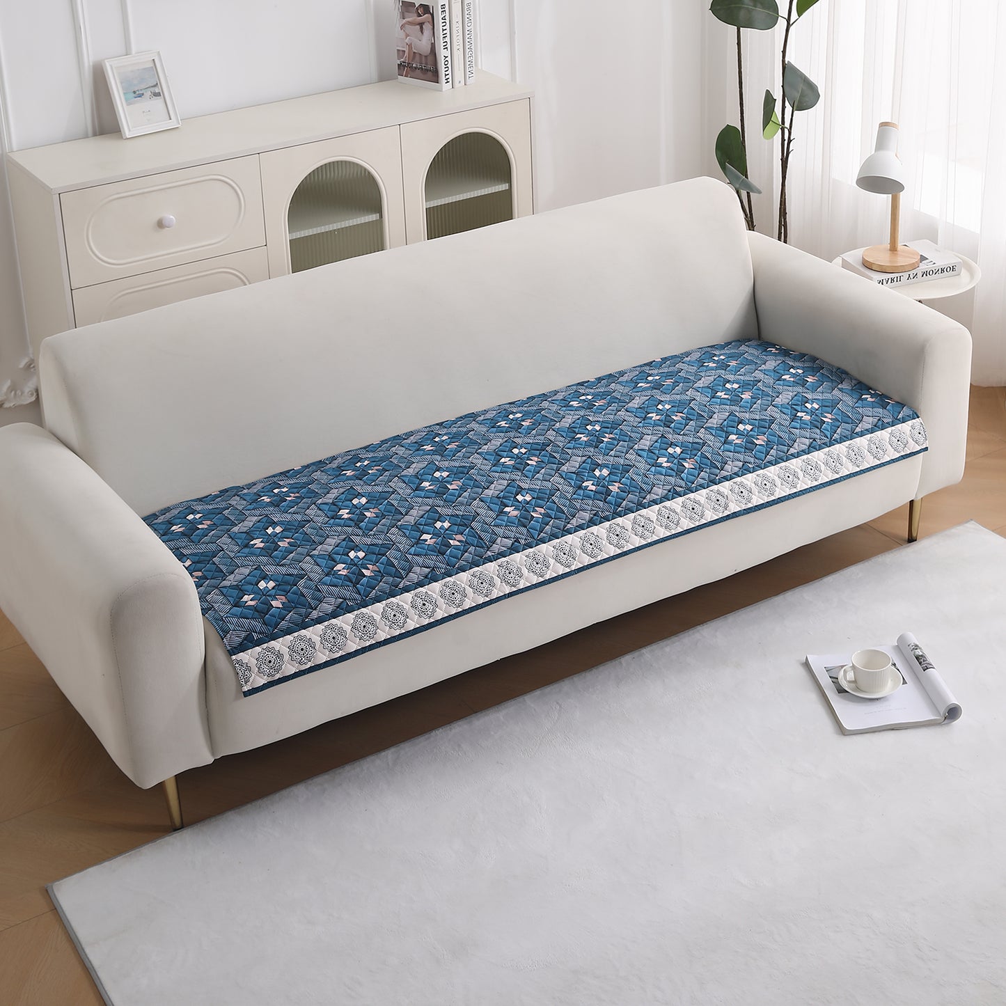 LiefNest Holland Velvet Sofa Cover Mat with Foam Filling - Geometric Floral Oriental Blue
