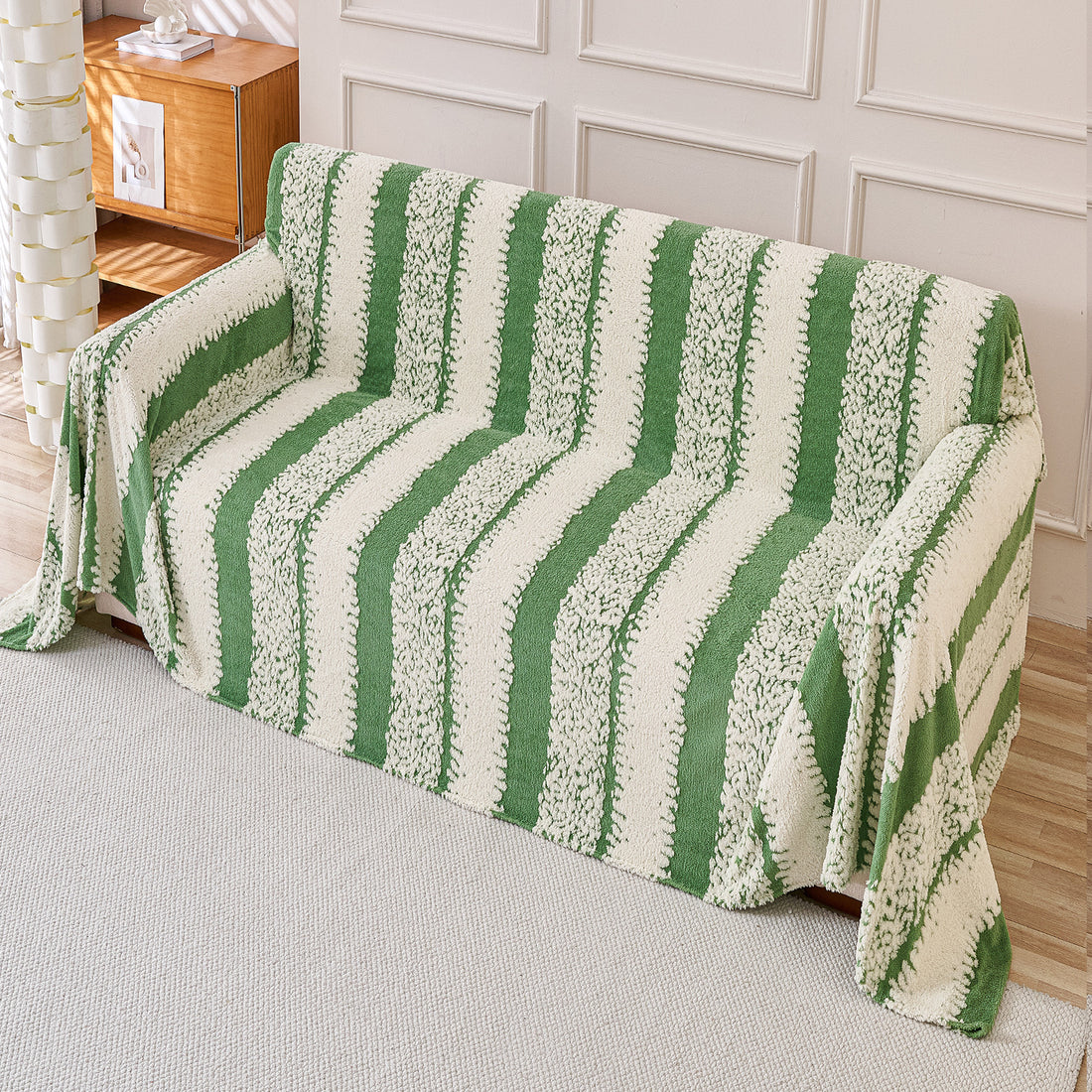 Buy Pistachio Green Colour Luxury Wavy Plush Sofa Throw for Complete Sofa | HOKIPO