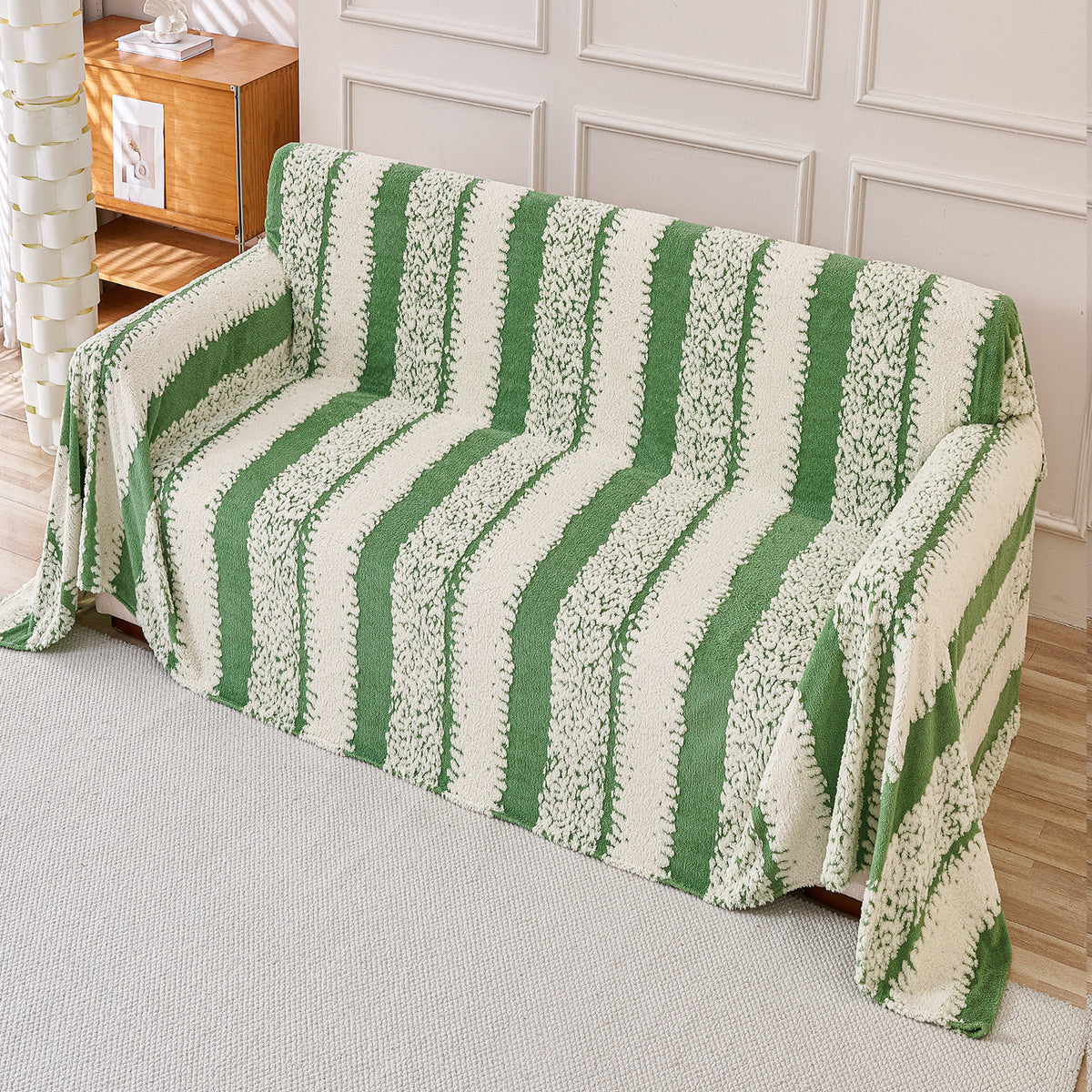 Buy Pistachio Green Colour Luxury Wavy Plush Sofa Throw for Complete Sofa | HOKIPO