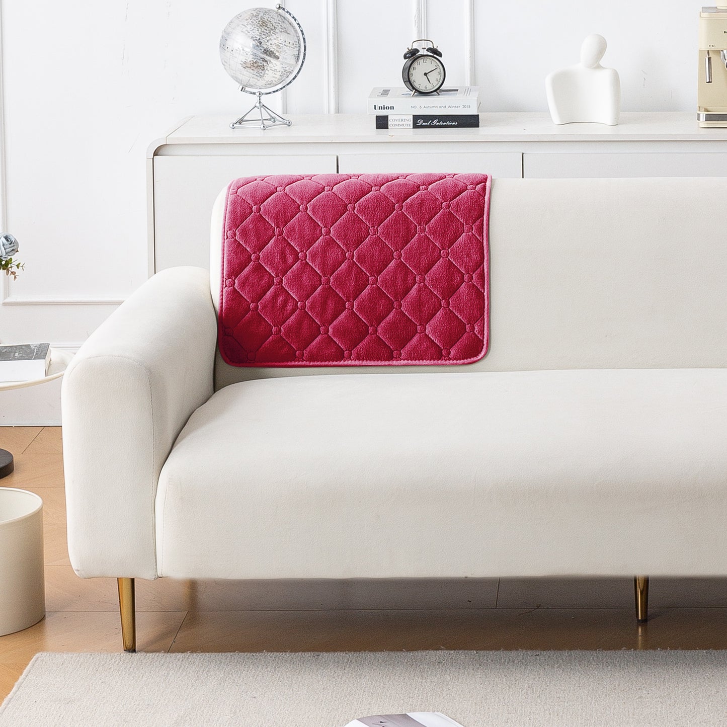 Diamond Tuft Plush Sofa Cover Mat, Raspberry Red