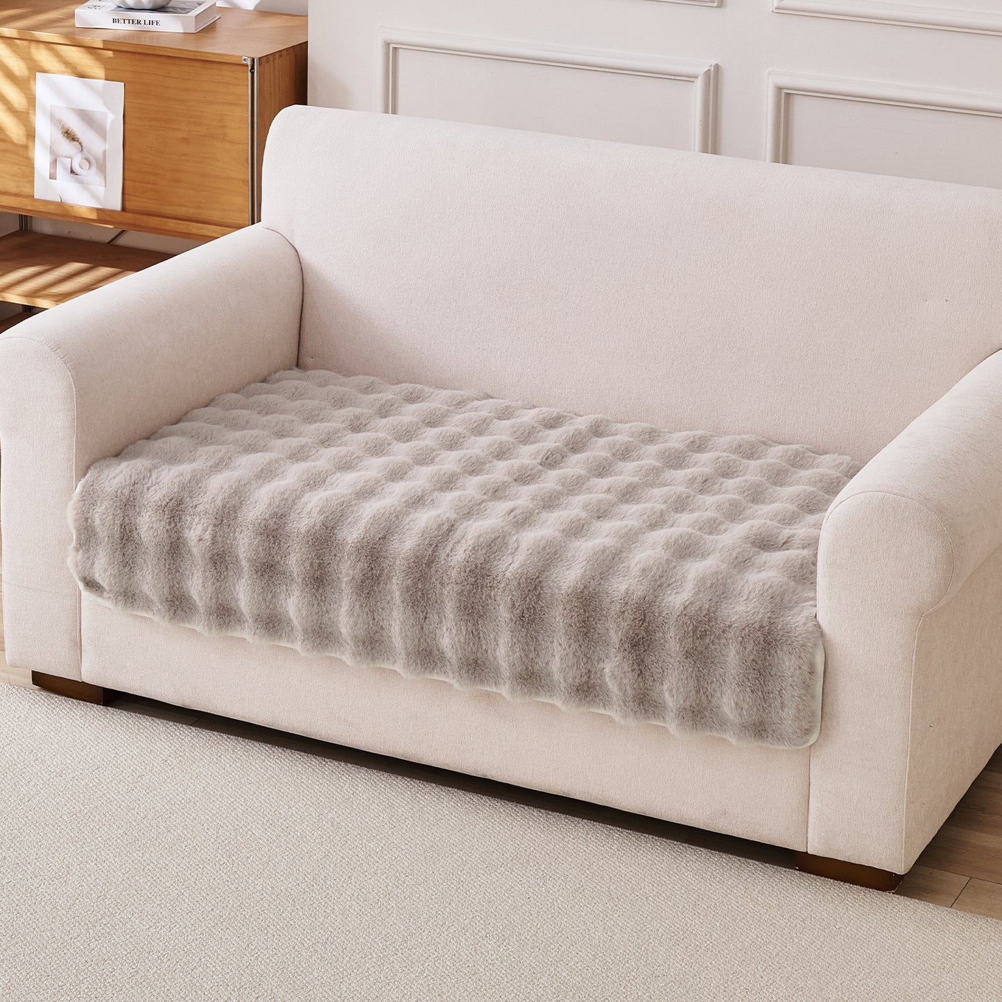 Premium Faux Rabbit Fur Anti Slip Sofa Mat for 1/2/3 Seater, Latte Brown