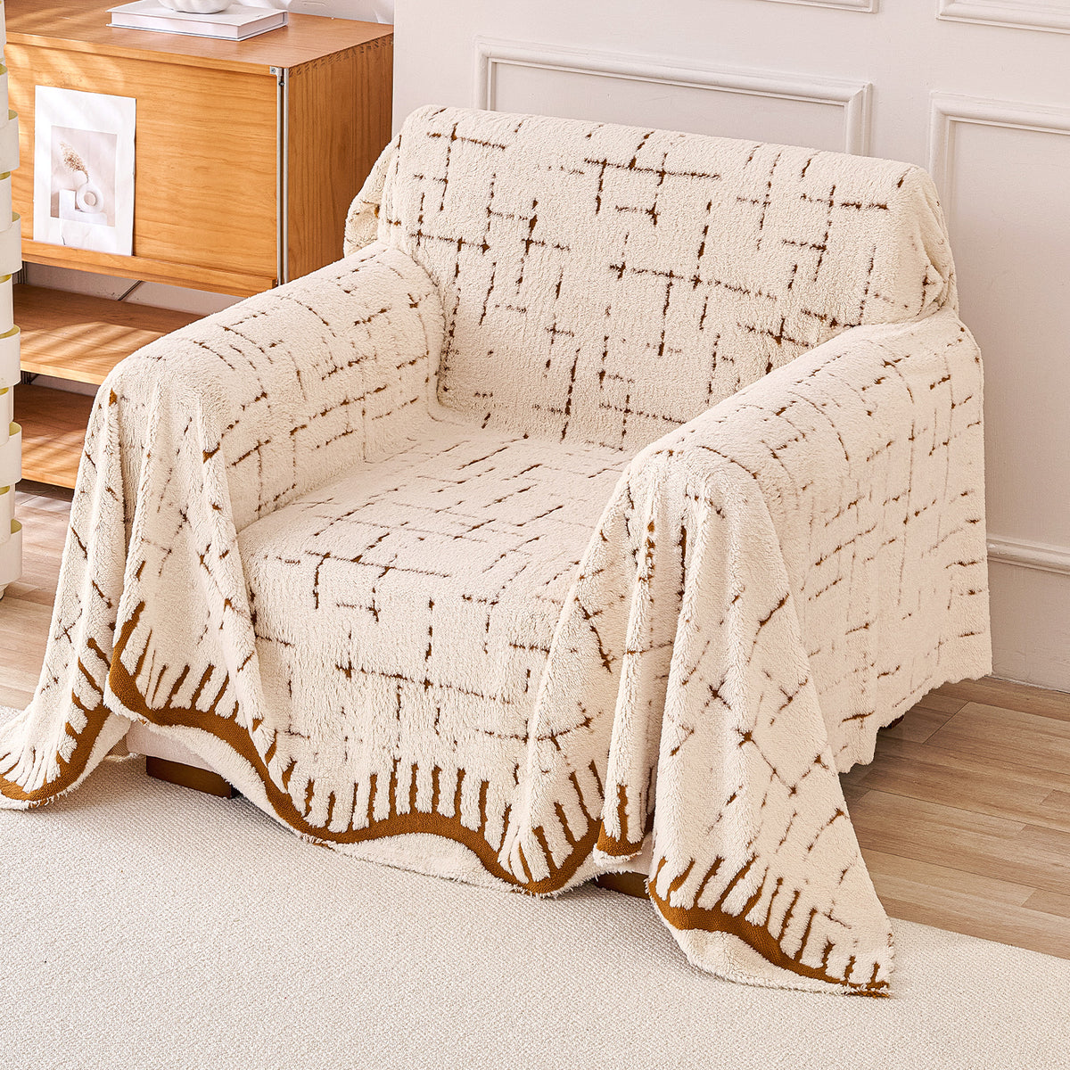 Buy Cream Brown Colour Supple Soft Wavy Plush Sofa Throw Cover | HOKIPO 